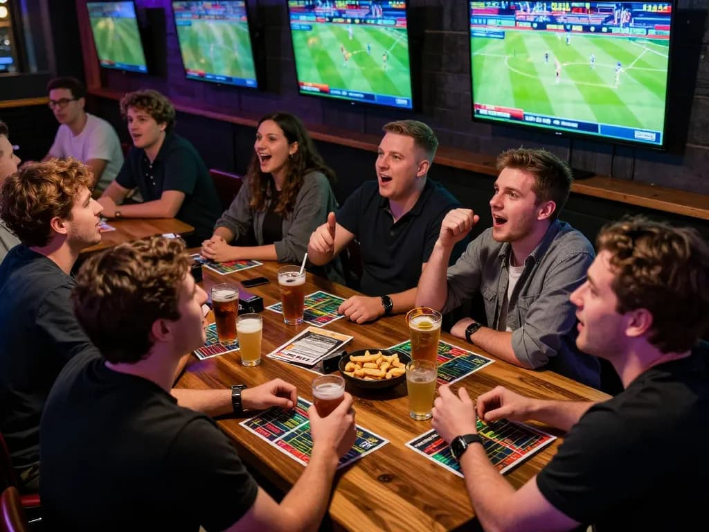 Sports fans analyze kqbd betting odds during a live game, showcasing excitement and camaraderie