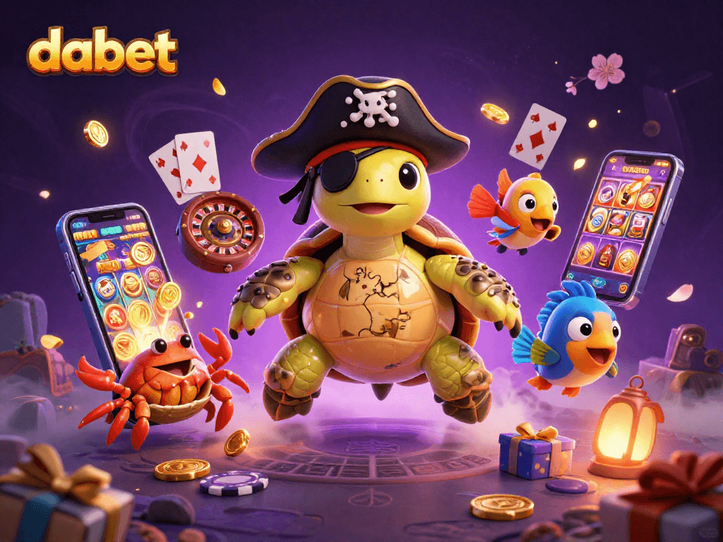dabet's 3D pirate turtle leads a vibrant casino adventure with colorful slot games and treasure