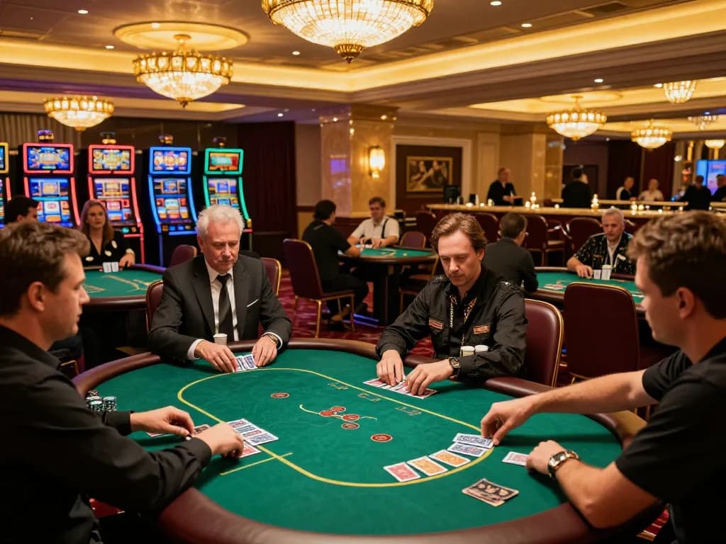Excited players engaging in competitive poker games at Hubet casino, vibrant atmosphere