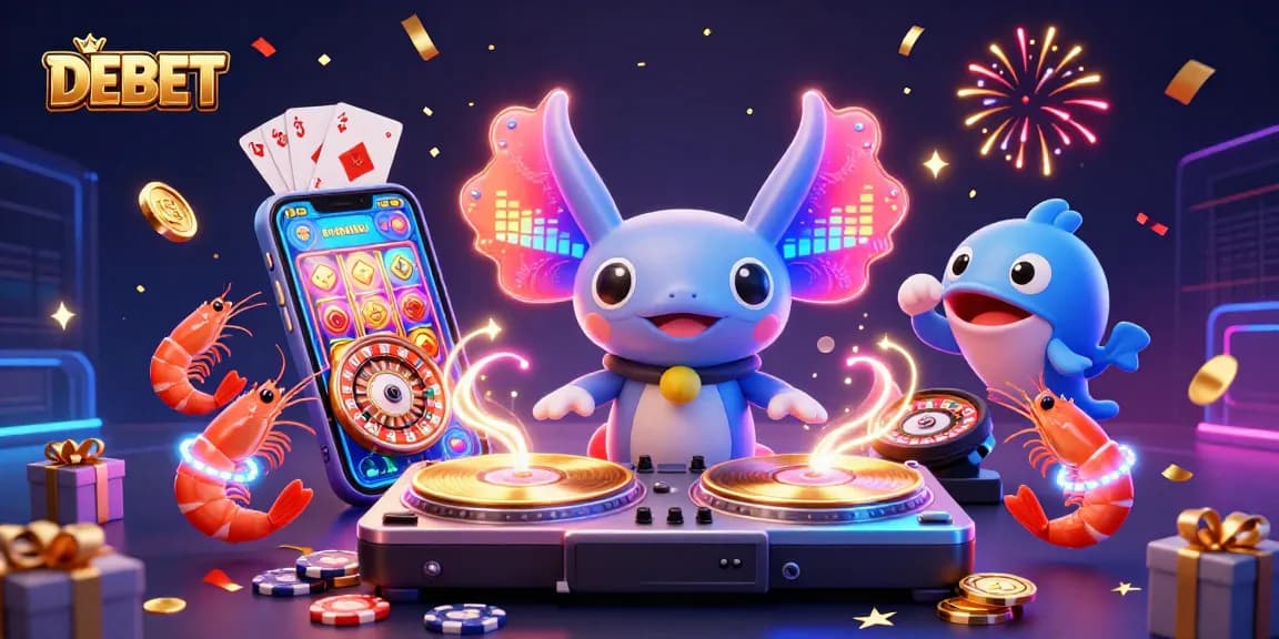 DEBET showcases a vibrant 3D gaming scene with neon characters celebrating casino games.