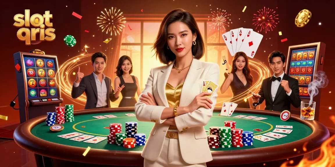 Experience thrilling slot qris action with a powerful businesswoman in a dynamic casino setting.