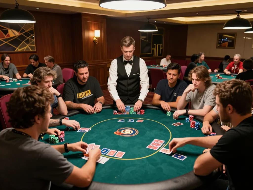 Engaged players at a poker online game table showcasing vibrant poker chips and cards.