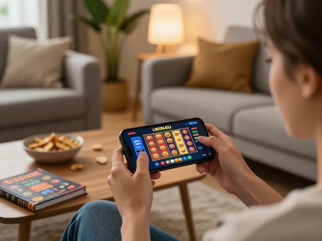 Engaging with the WIN4U app while enjoying a cozy home gaming experience.