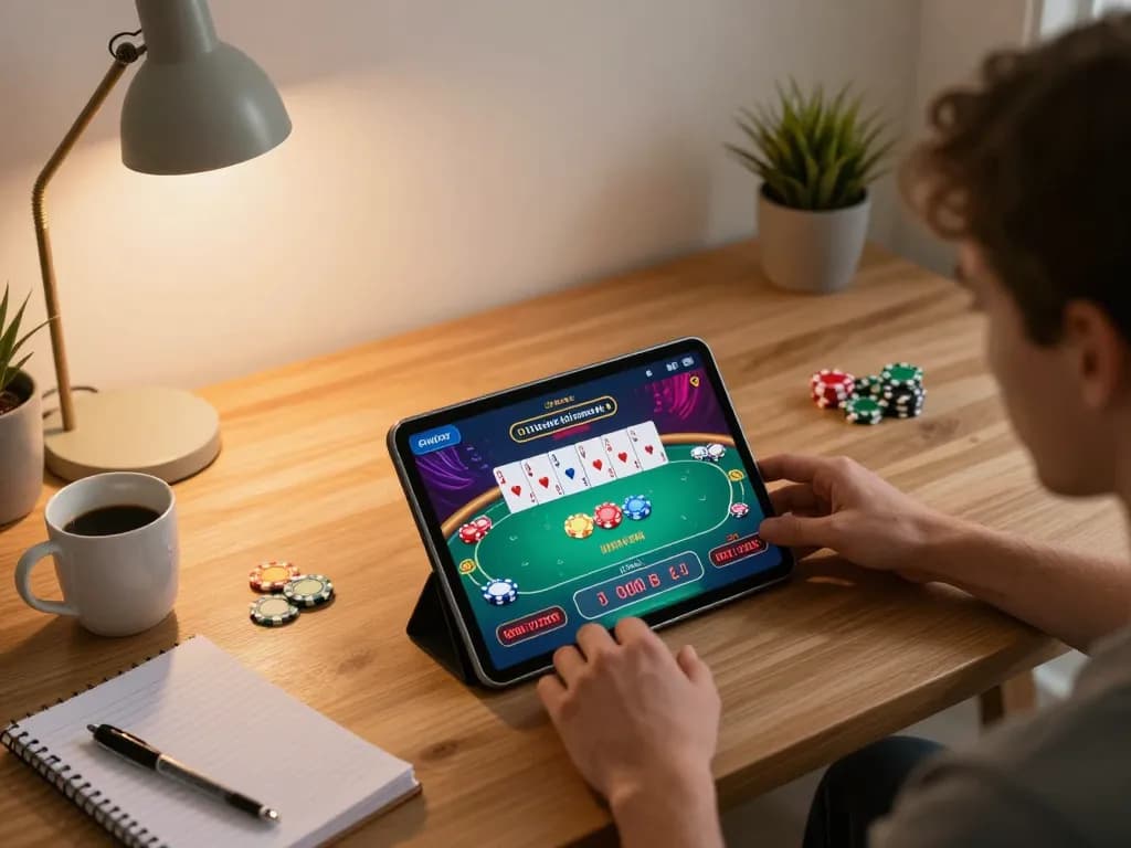 Engaged player using tablet for 32win poker game at home, showcasing strategic online gambling.