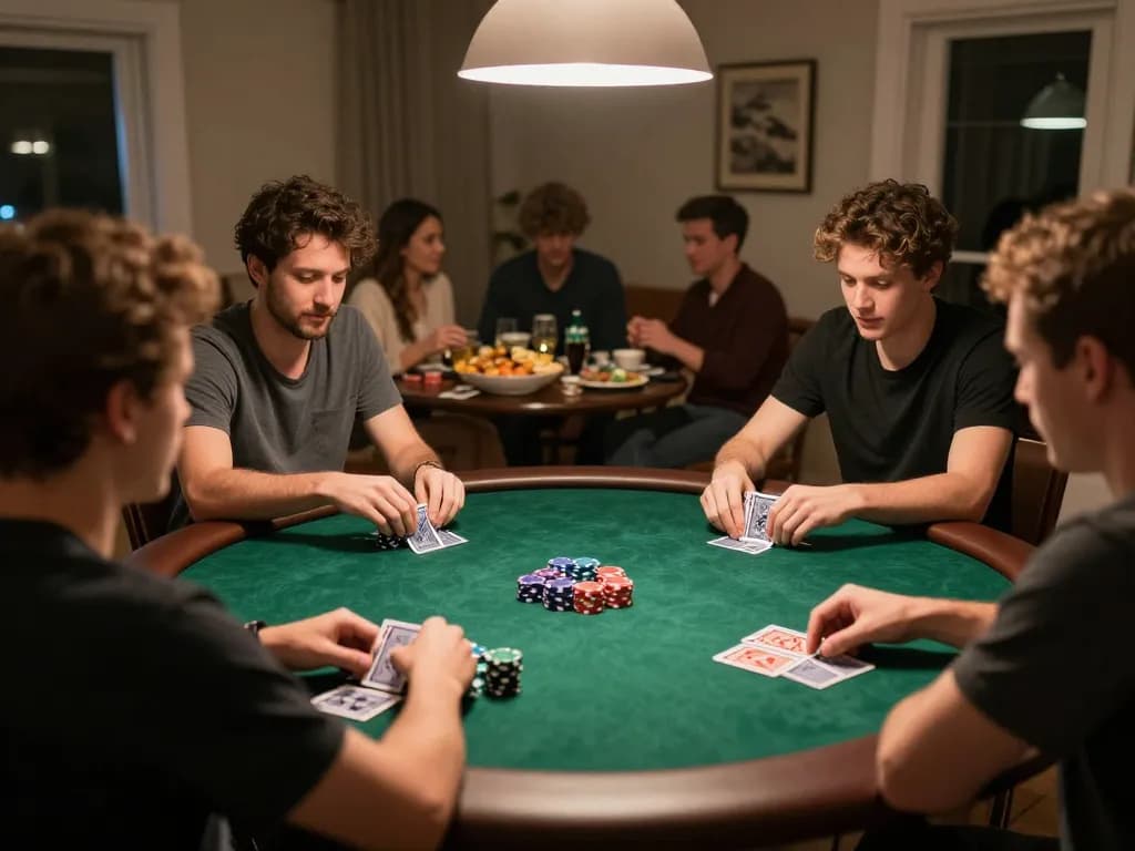 Players enjoying a friendly poker night, showcasing the Top 10 nhà cái uy tín strategies in an engaging home setting.