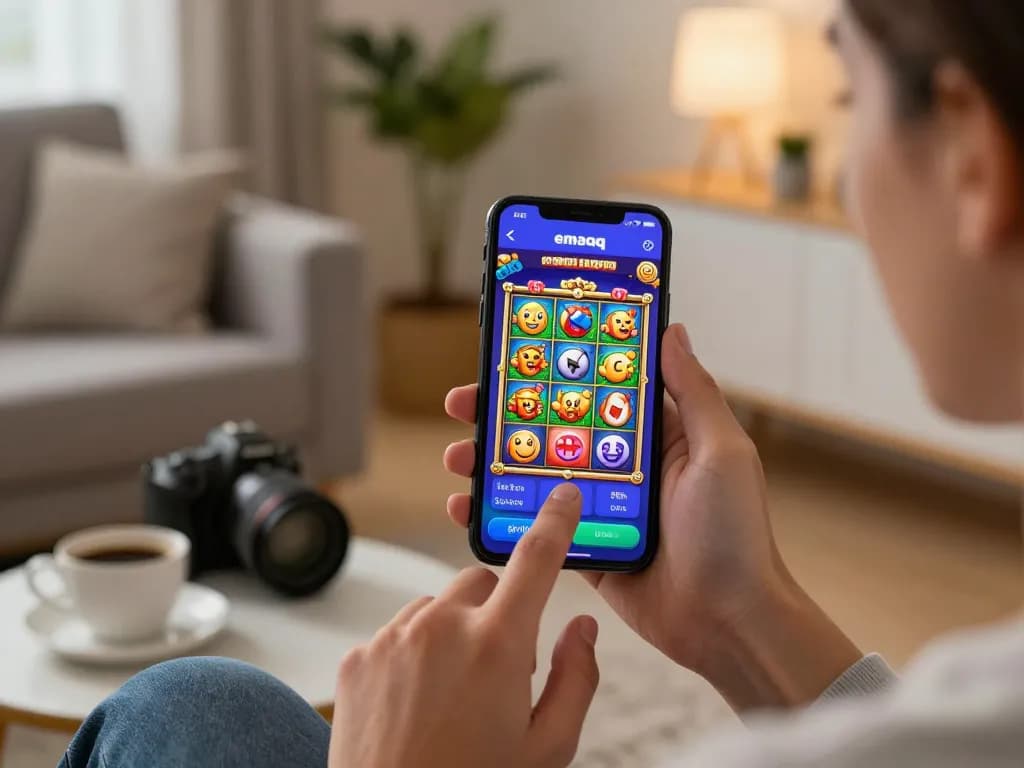 Permainan yang menarik di aplikasi emaqq dengan grafis slot yang vibrant, menunjukkan keseruan kasino mobile.