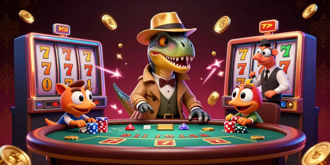 Experience the excitement of Ku88 casino action with a playful velociraptor at the blackjack table.