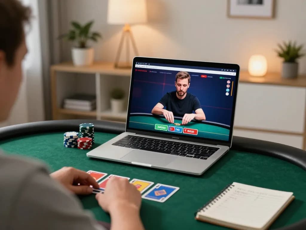 Engaging in online poker strategy with Sun Win on a sleek laptop during an evening gaming session.
