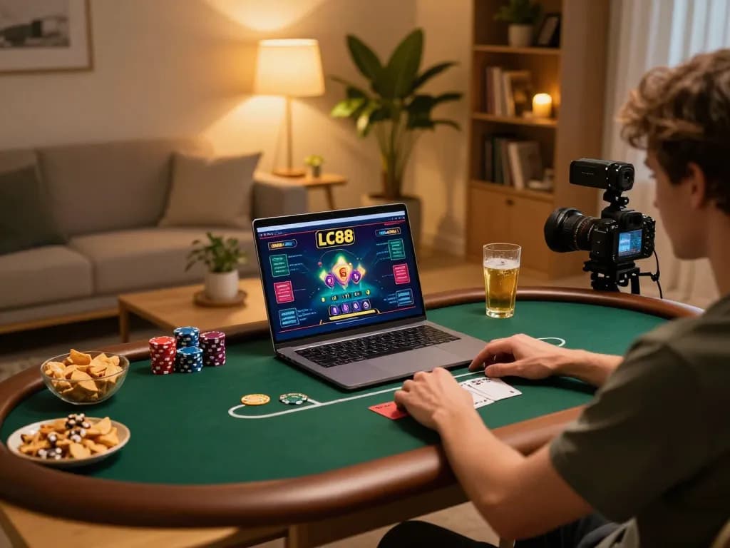 Person enjoying an engaging LC88 online poker game at home with cozy ambiance.