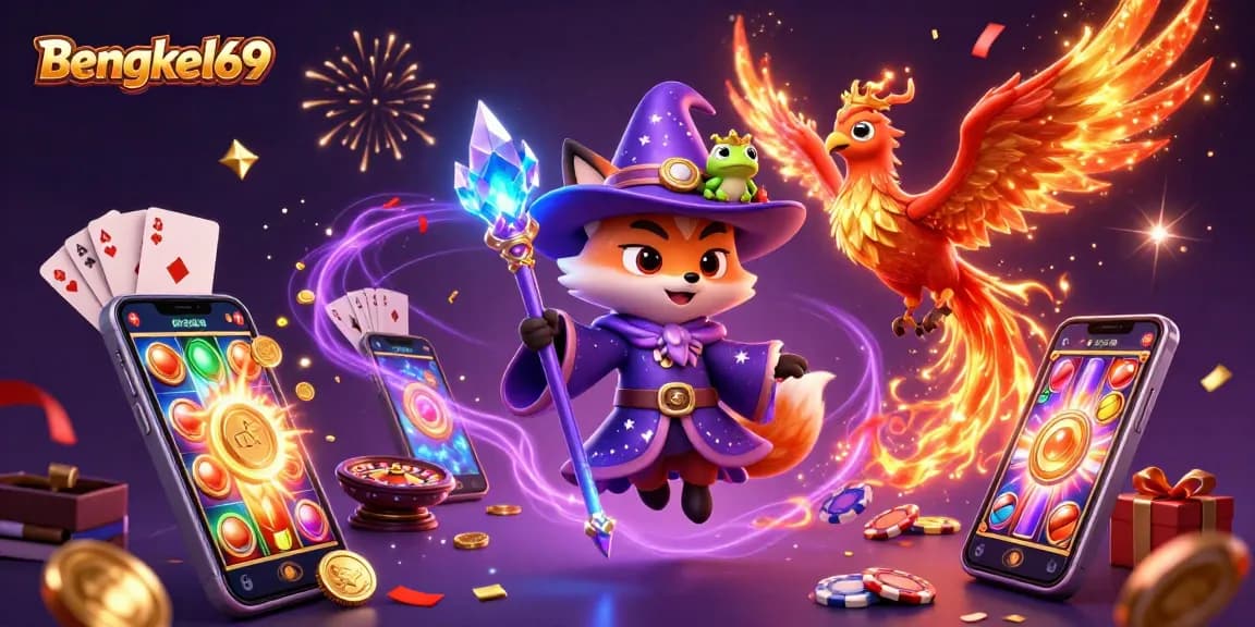 Engage in thrilling slots with Bengkel69 as a wizard fox and phoenix celebrate wins amidst vibrant games.