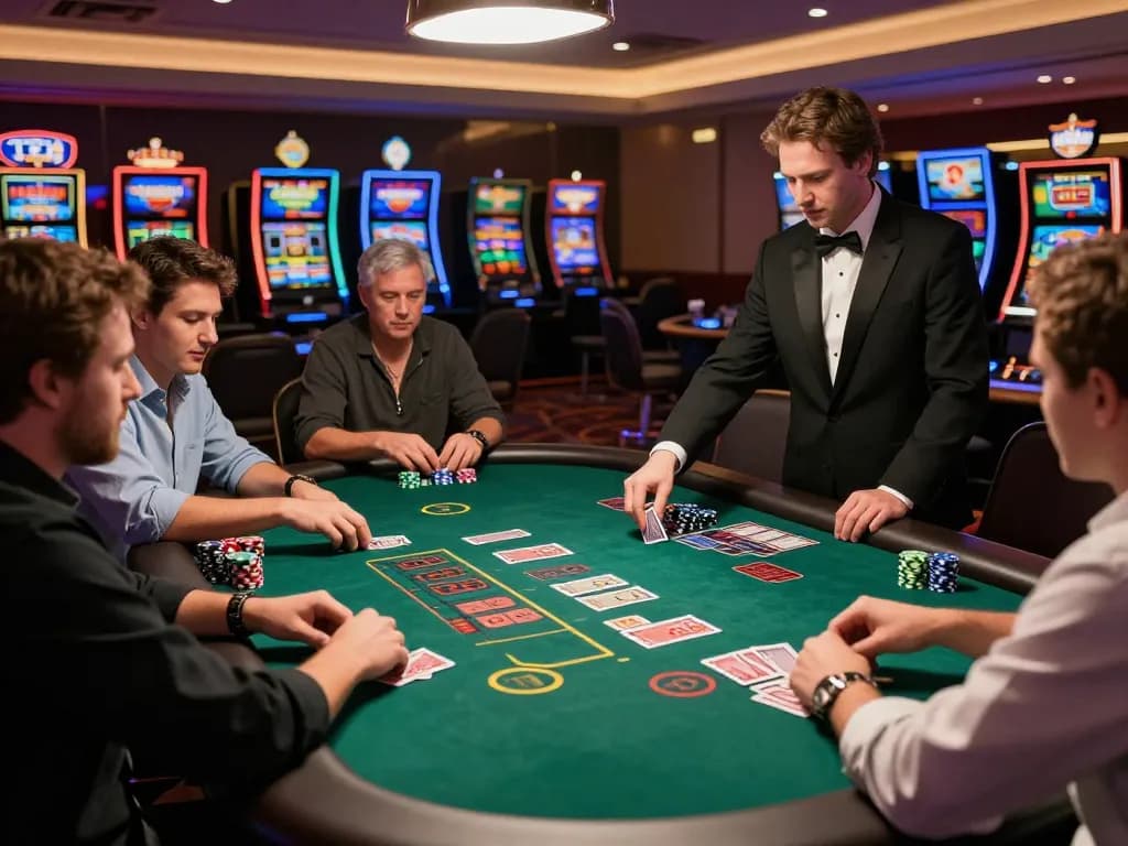 winstrike69 players enjoying blackjack at a bustling casino table, focusing on strategy and excitement