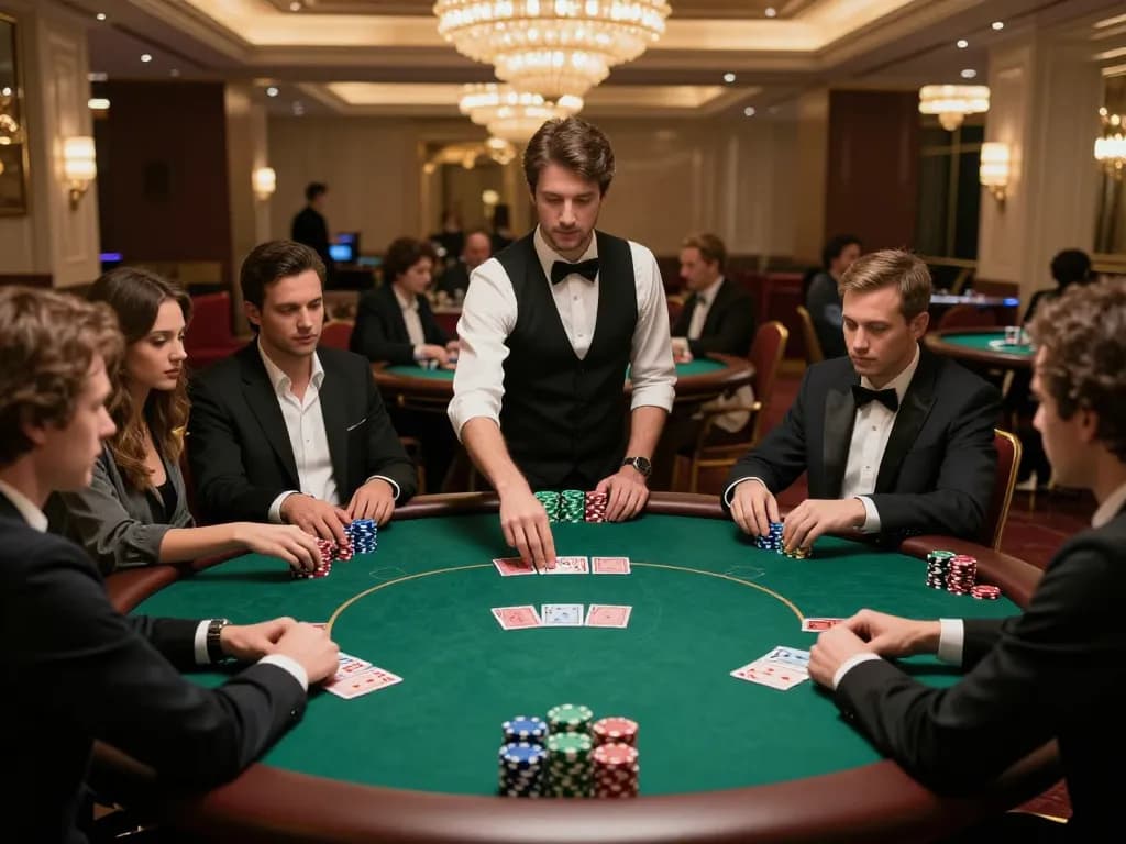 BL555 players strategizing in a high-stakes poker game at an upscale casino.