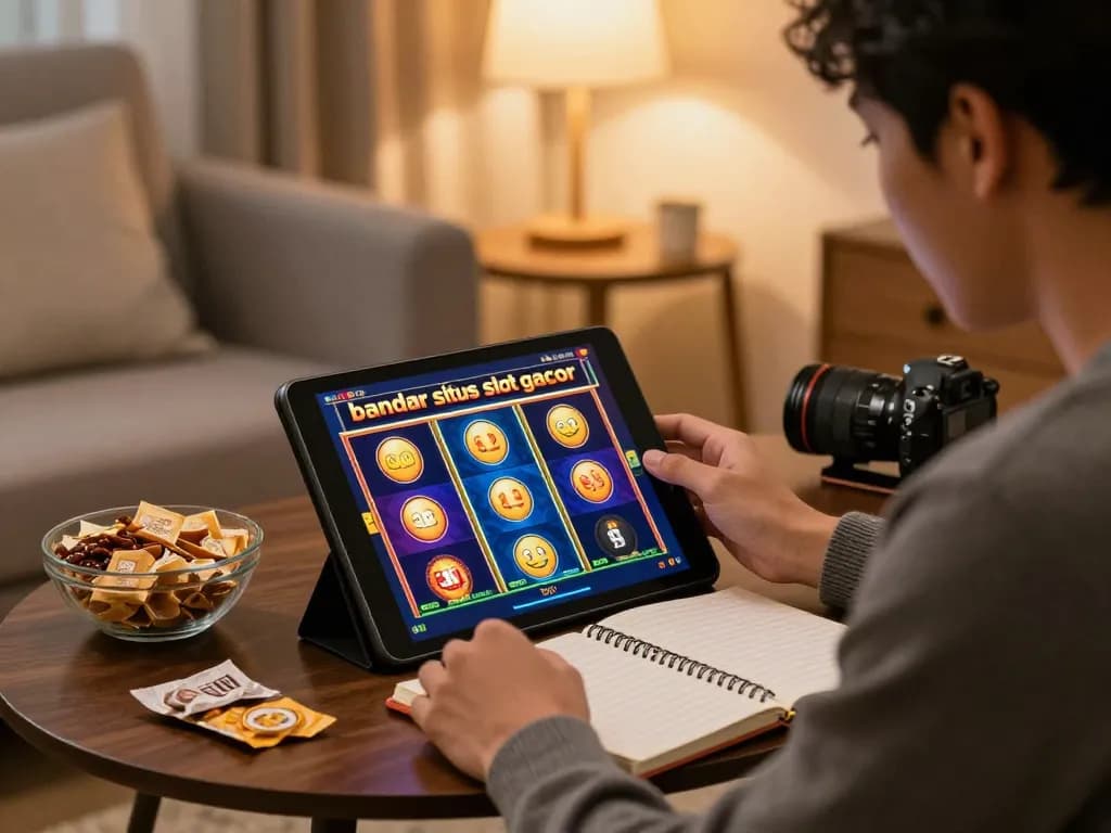 Player enjoying bandar situs slot gacor on a tablet while tracking strategies in a cozy home setup.