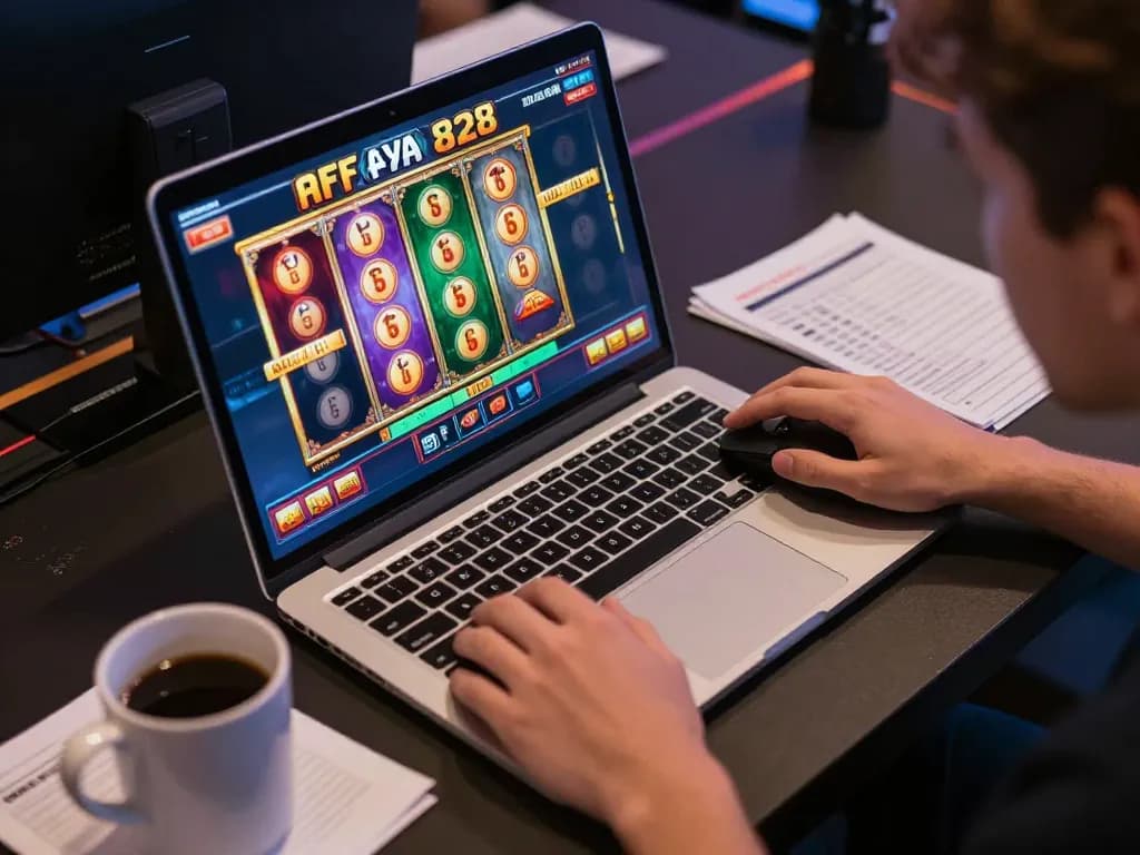 Engaging in thrilling FAFA 828 online slot gameplay on a modern laptop, showcasing vibrant interface and strategic notes.