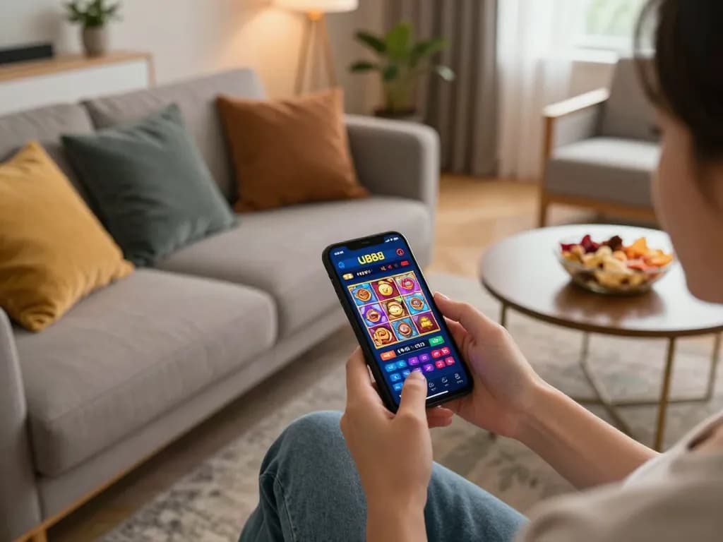 Player engaging on u888 mobile casino app, showcasing online slots in cozy living room setting.