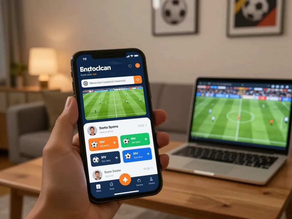 Placing bets on a trusted trang cá cược bóng đá uy tín from the comfort of home, showing a smartphone with live odds and sports match interface.