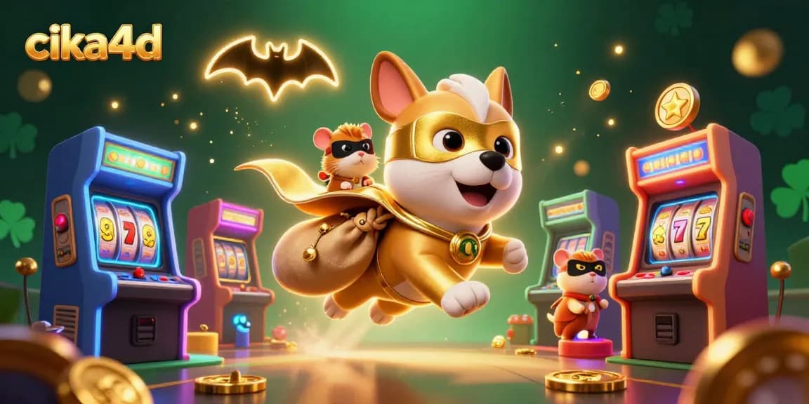 Cika4d engaging illustration showing a superhero dog flying with coins; showcasing dynamic gaming elements.