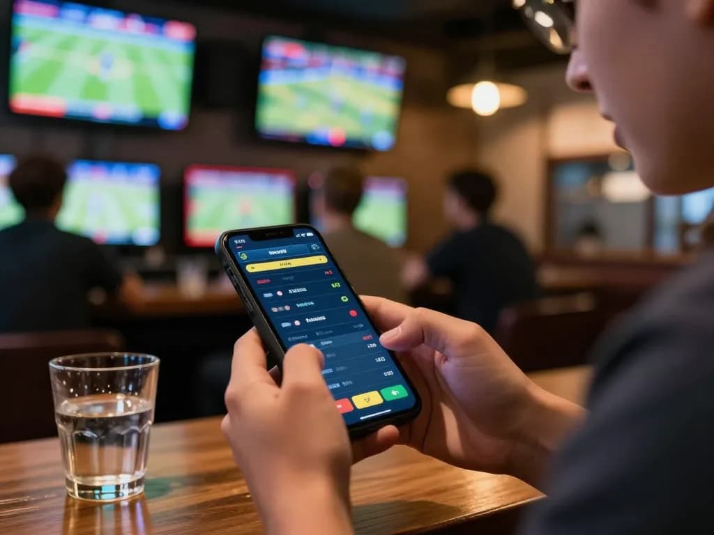 Exciting sports betting moment with gem88 app in action, highlighting real-time mobile gameplay in a lively bar setting.