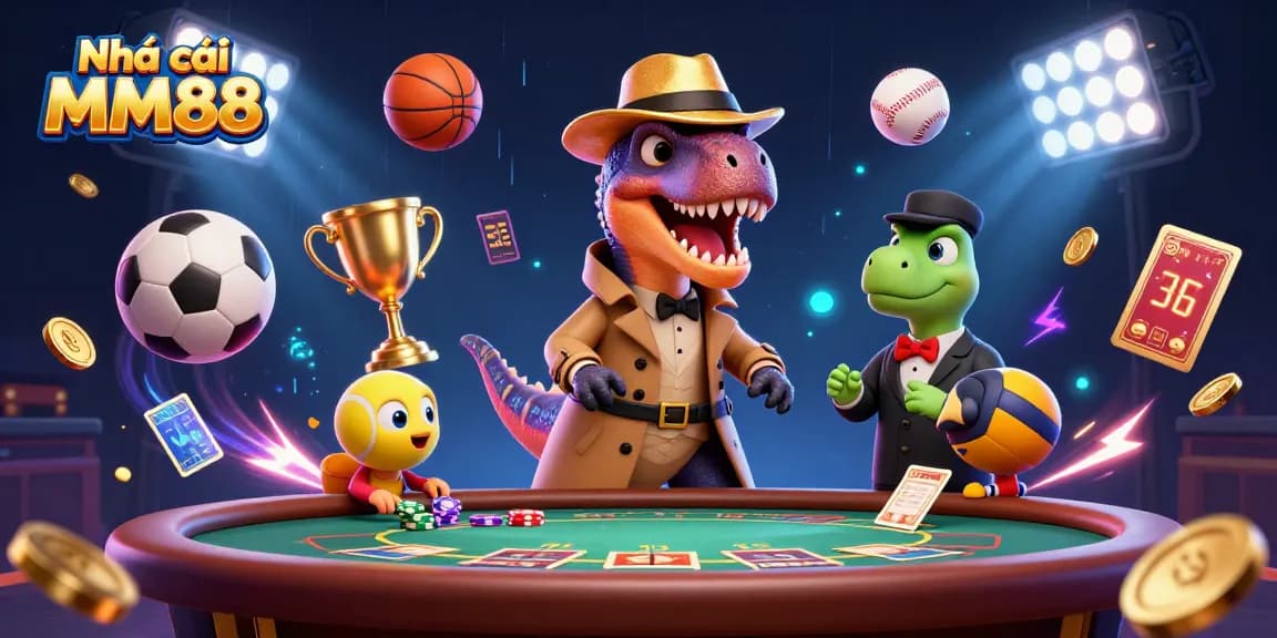 Engage in exciting gaming with Nhà cái MM88, featuring a cartoon dinosaur scene at a blackjack table with flying betting elements.