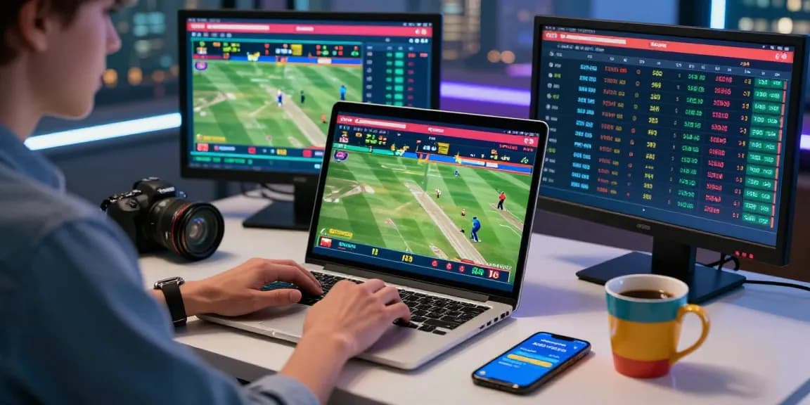 Fairplay24 user engaging with live cricket betting on a laptop in a dynamic online betting workspace.