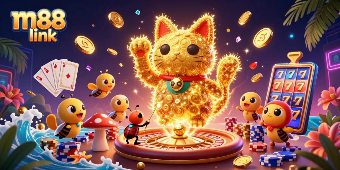 Engage with the colorful m88 link featuring a giant lucky cat, showcasing casino excitement.