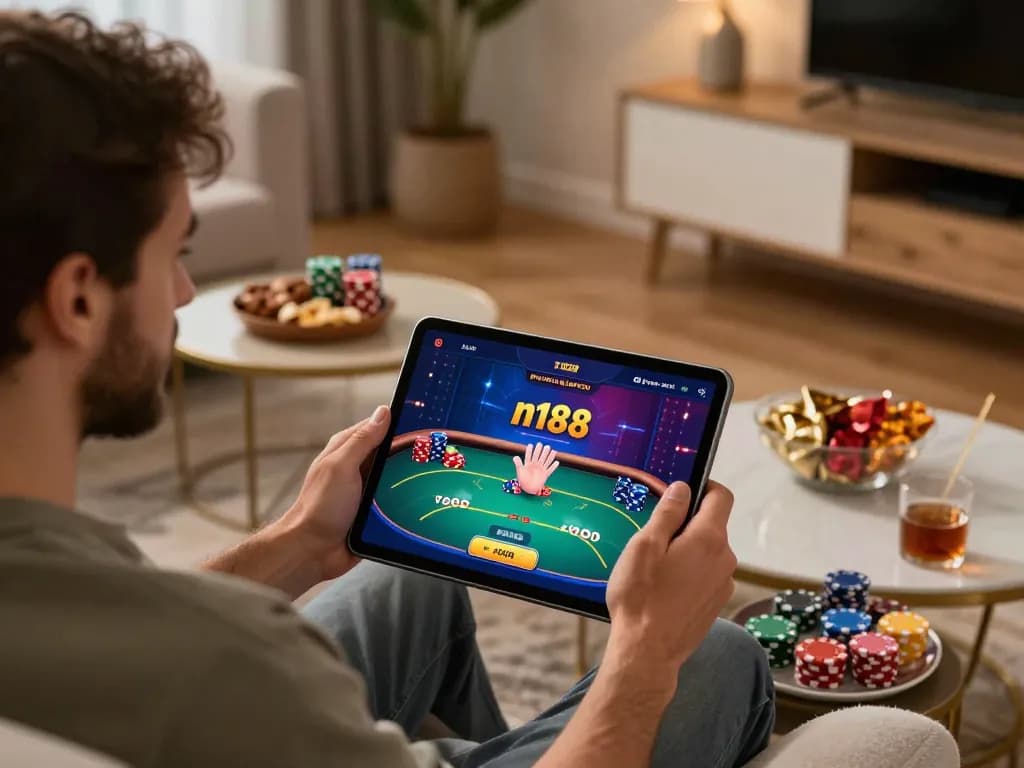 Player enjoying n188 online casino gaming on tablet with poker interface visible