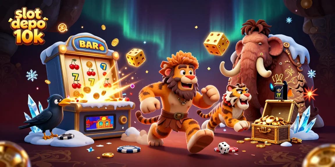 Experience jackpot excitement with slot depo 10k amidst colorful casino elements and playful characters.