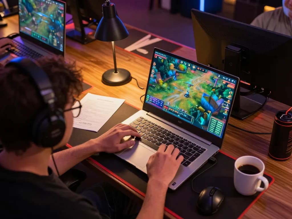 MPO08 player engaging in online gambling tournament with laptop, showcasing vibrant game interface.