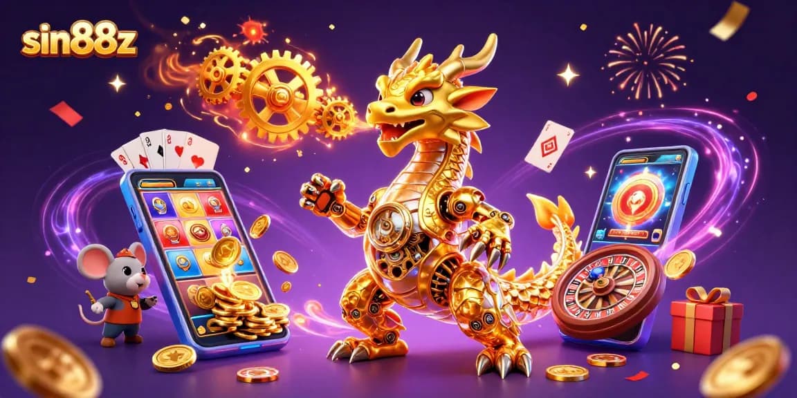 Engage with sin88z's vibrant casino world featuring a golden dragon and game elements.