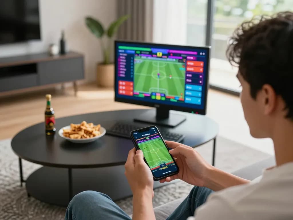 Player placing bets on link hi88 app in a cozy living room while enjoying sports events