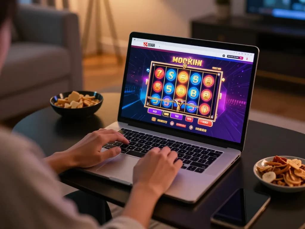 Engage with the thrilling 88xx slot game on a stylish laptop in a cozy home setting