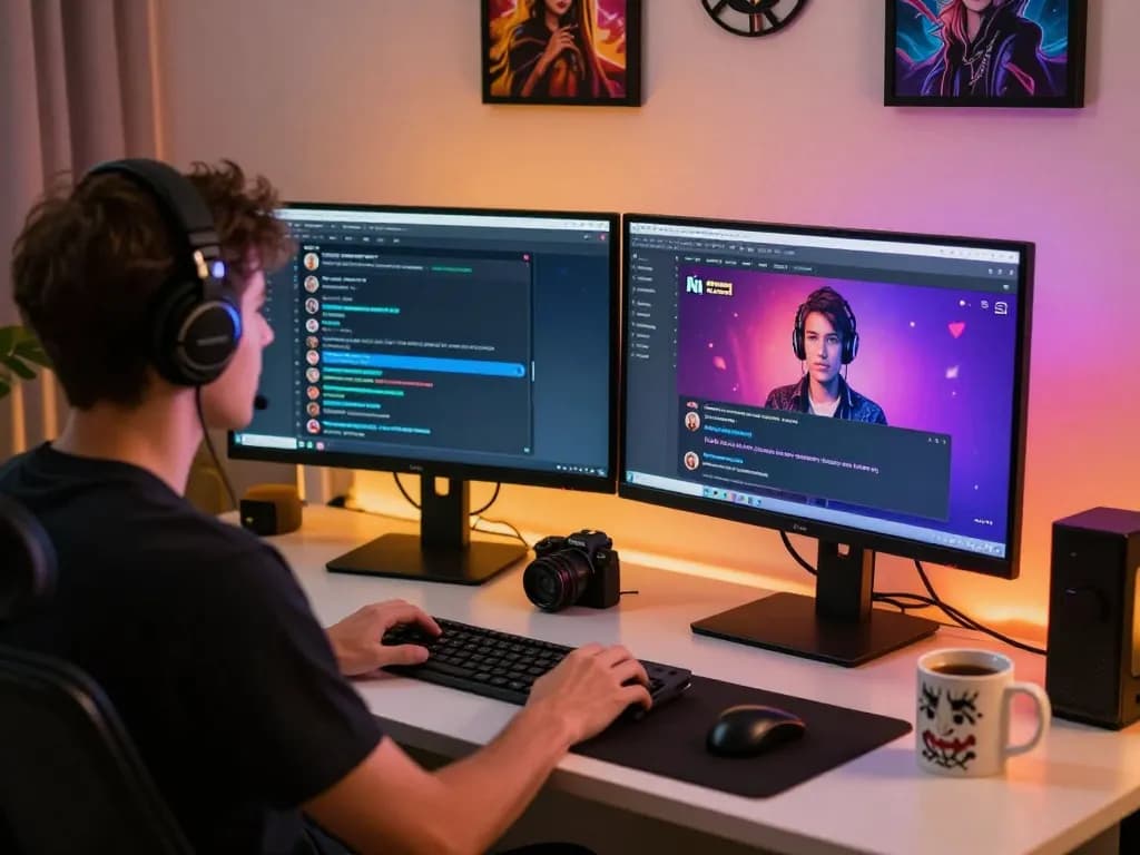 Engaging in ai sex chat in a modern workspace with vibrant digital interfaces and personalization elements.