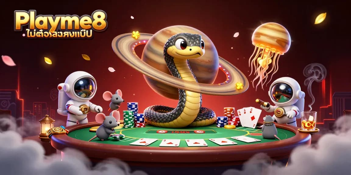 เล่น Playme8 ไม่ต้องโหลดแอป โดยมีงูเส้นวงแหวนและนักพนันตัวน้อยวางเดิมพันในภาพ