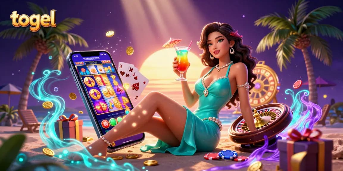 Togel online gaming experience featuring a glamorous Asian woman with casino elements celebrating big wins.