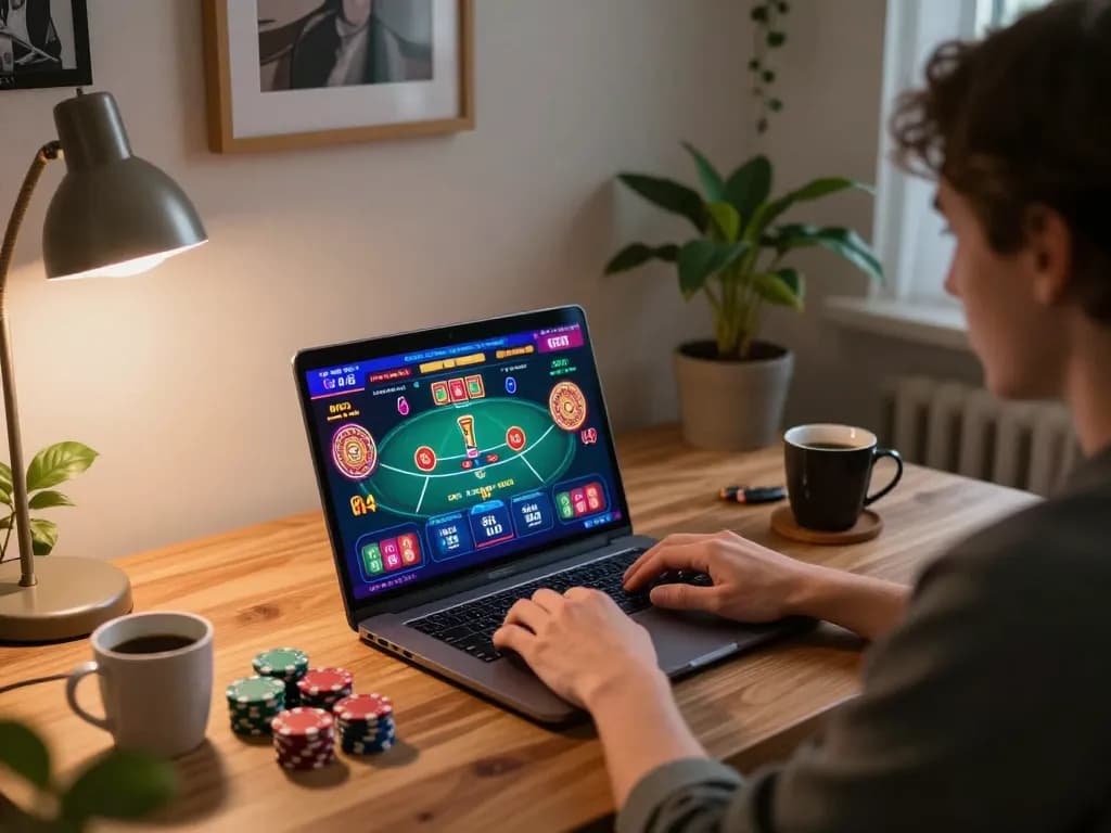 Player enjoying an engaging session on sky88 club while strategizing poker bets at home.