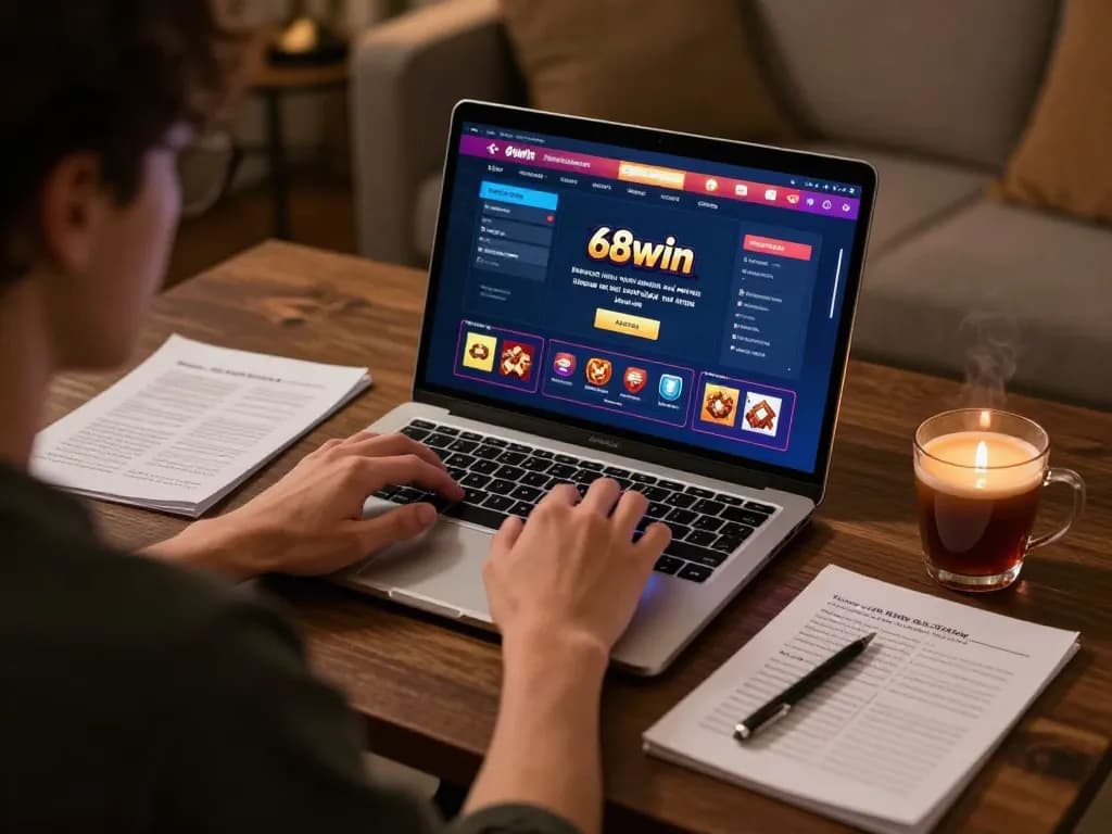 Engaging 68win online gaming scene with player using laptop, highlighting strategic betting.