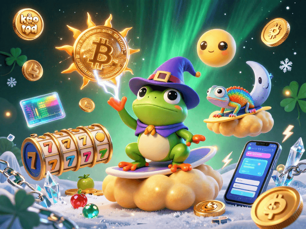 Engage with kèo nhà cái as the wizard frog conjures a golden coin storm amidst vibrant slot symbols.