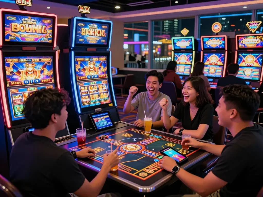 Pemain yang bersemangat menikmati permainan situs slot di suasana kasino virtual modern dengan desain yang cerah dan permainan yang menarik.