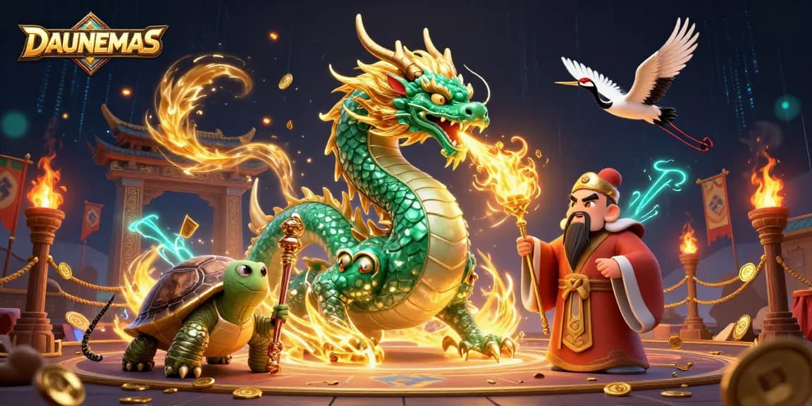 Experience DAUNEMAS with a vibrant 3D illustration featuring epic casino-themed dragons and sages.