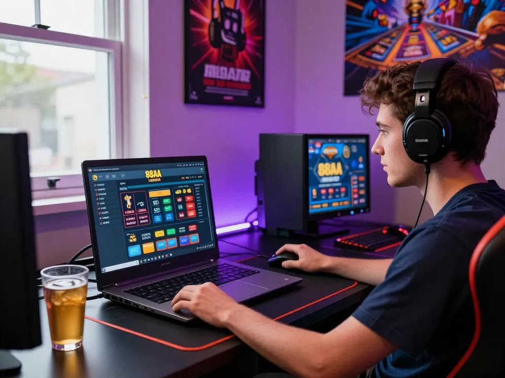 Engaged player navigating the 88aa bet đăng nhập platform, showcasing modern gaming accessories and vibrant atmosphere.