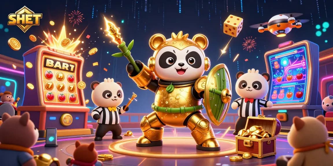 Engage with SH BET gameplay, featuring a golden panda battling in a vibrant casino arena.