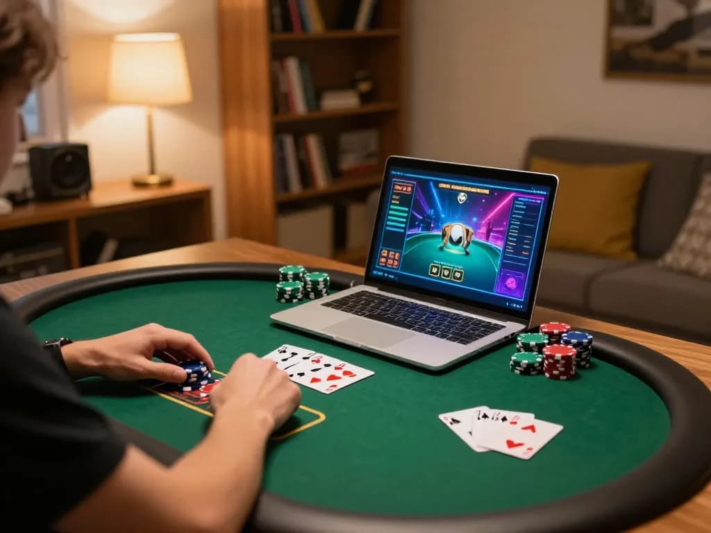 Player managing an mpoid poker game on a laptop with chips and cards visible in a cozy home setting.