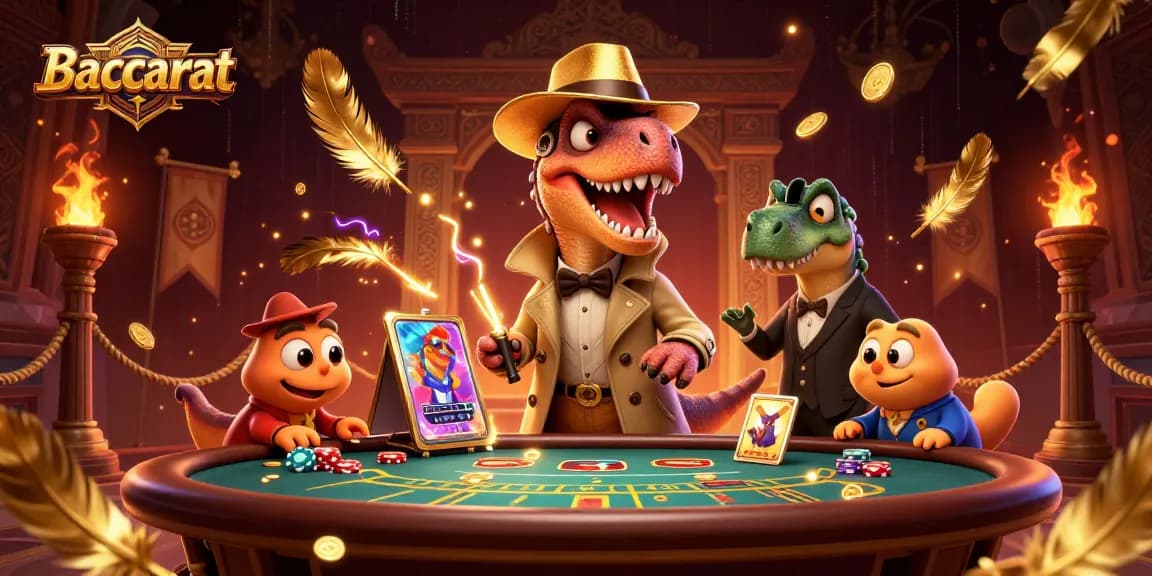 Baccarat scene featuring a velociraptor card counter and a stegosaurus pit boss in an animated casino atmosphere.