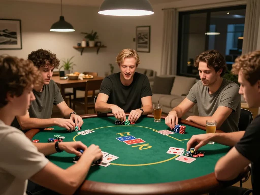 Rajabet123 players enjoy an intense home poker game, showcasing strategic play and camaraderie.