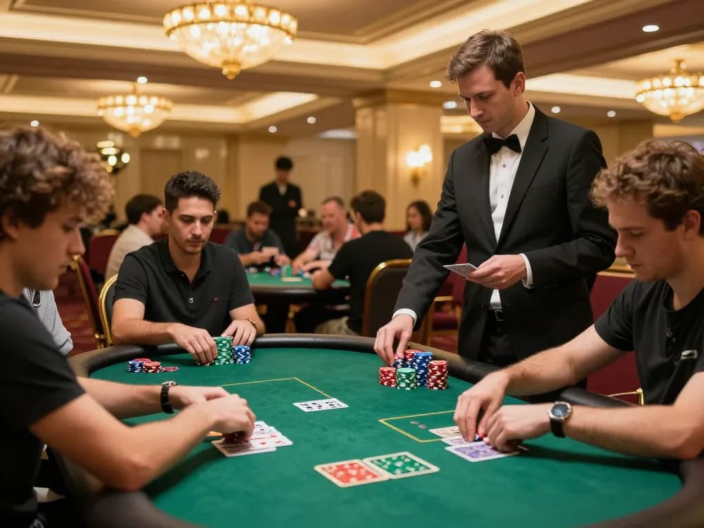 Players strategizing their bets at a 789win poker table in a glamorous casino.