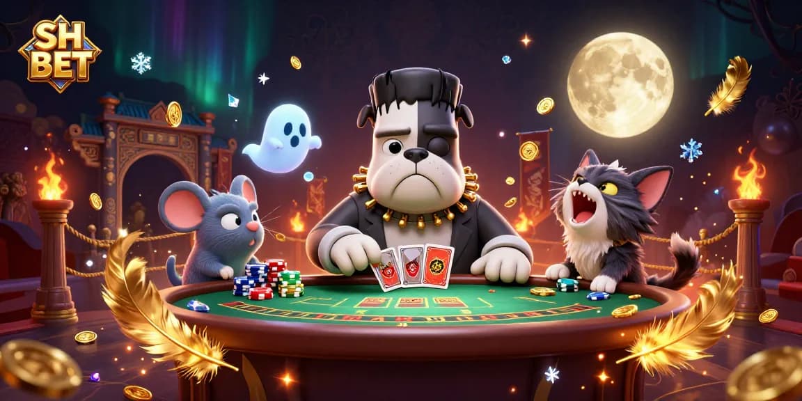 Engage in gambling action with SH BET featuring a cartoon bulldog dealer and mystical characters.