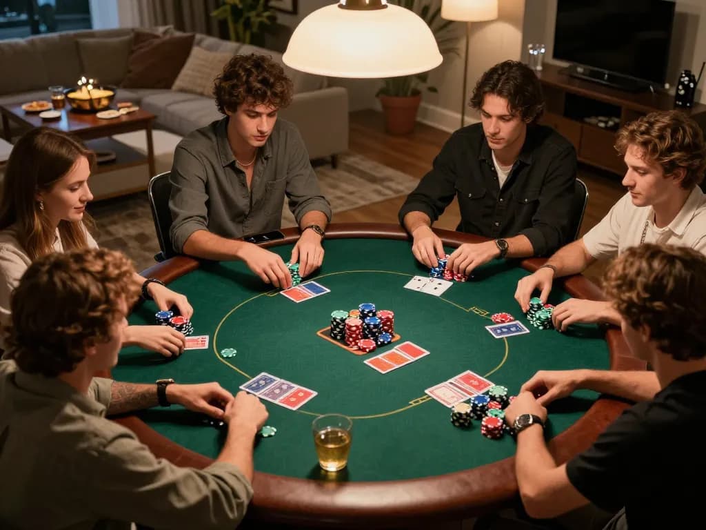Friends enjoying an intense poker night with F8BET, showcasing colorful poker chips and cards.