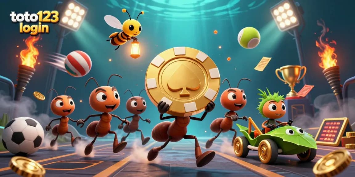 Join the excitement with toto123 login as ants heist golden poker chips amid flying sports balls!