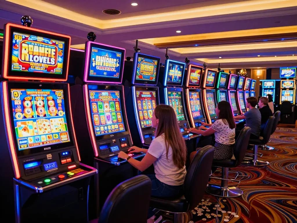 Players enjoying vibrant slot machines at mb88slot casino, colorful displays and thrilling ambiance.