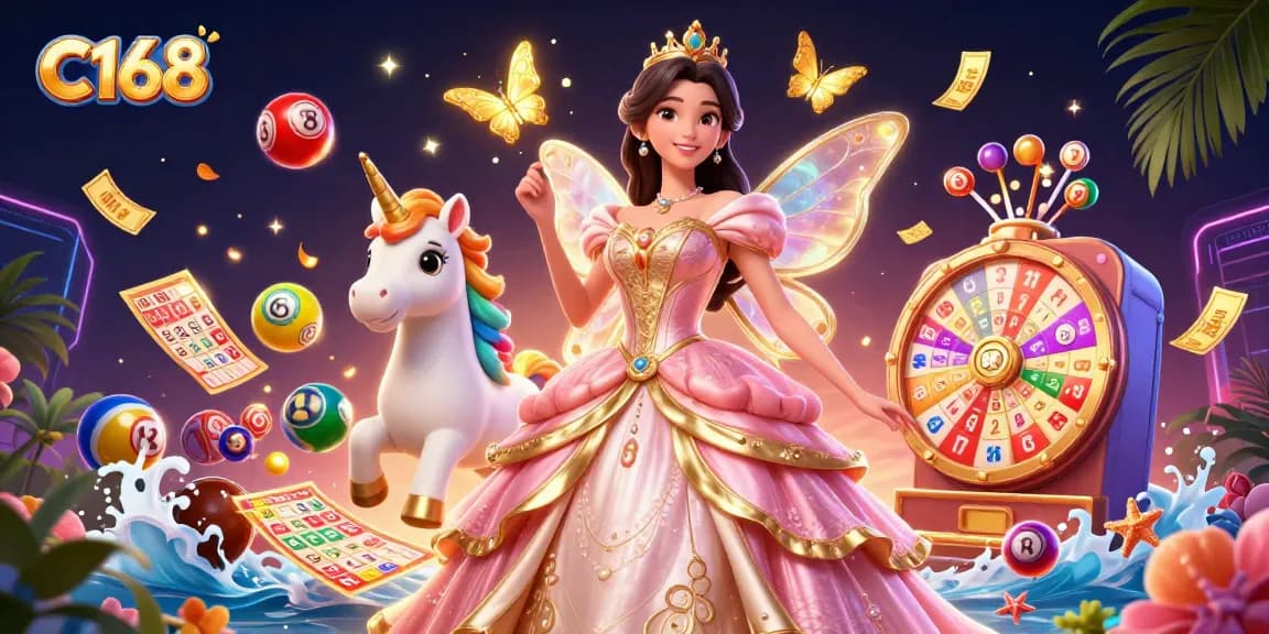 Experience thrilling C168 gaming with a glamorous 3D Asian woman, unicorn, and lottery excitement.